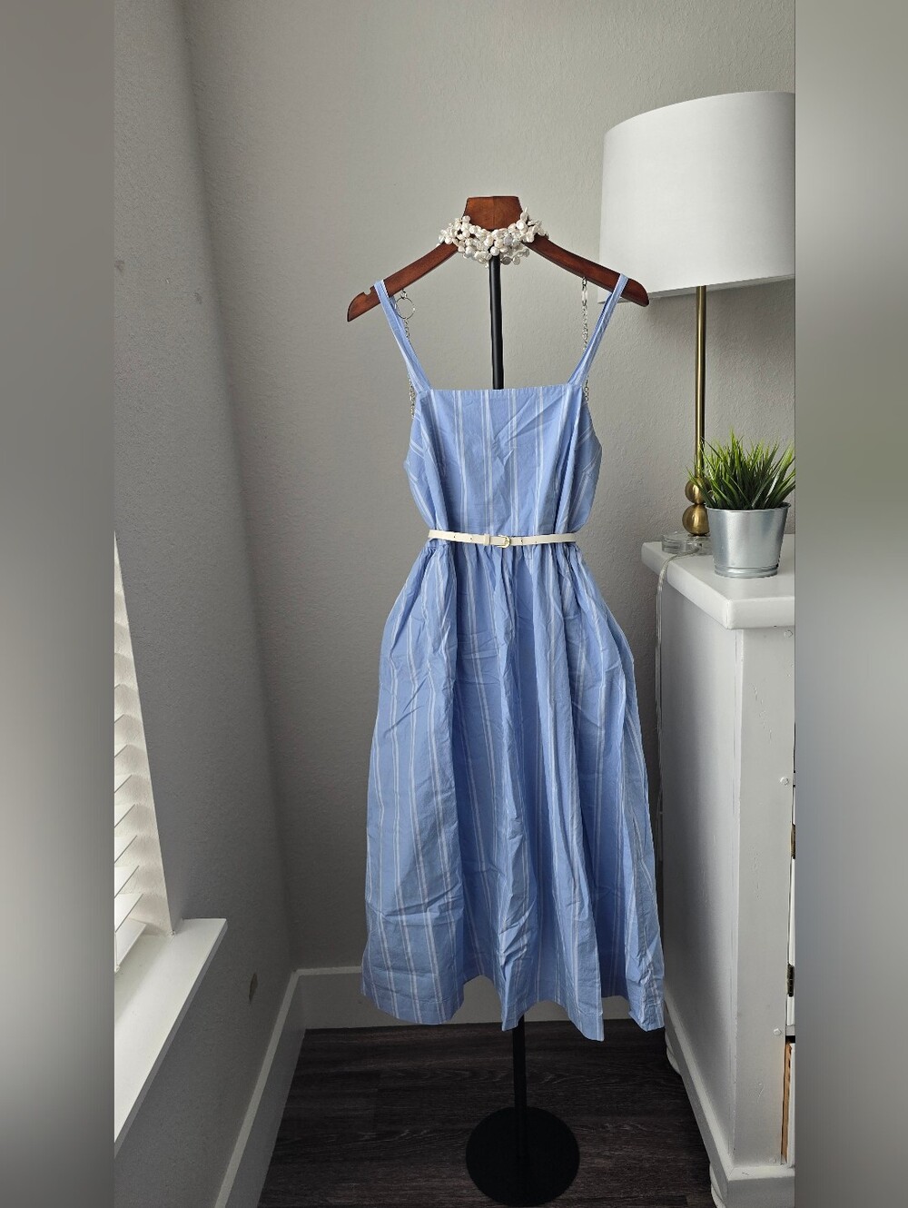 A New Day Dress M Blue White Stripe 100% Cotton Smocked Midi Sundress Target Coa